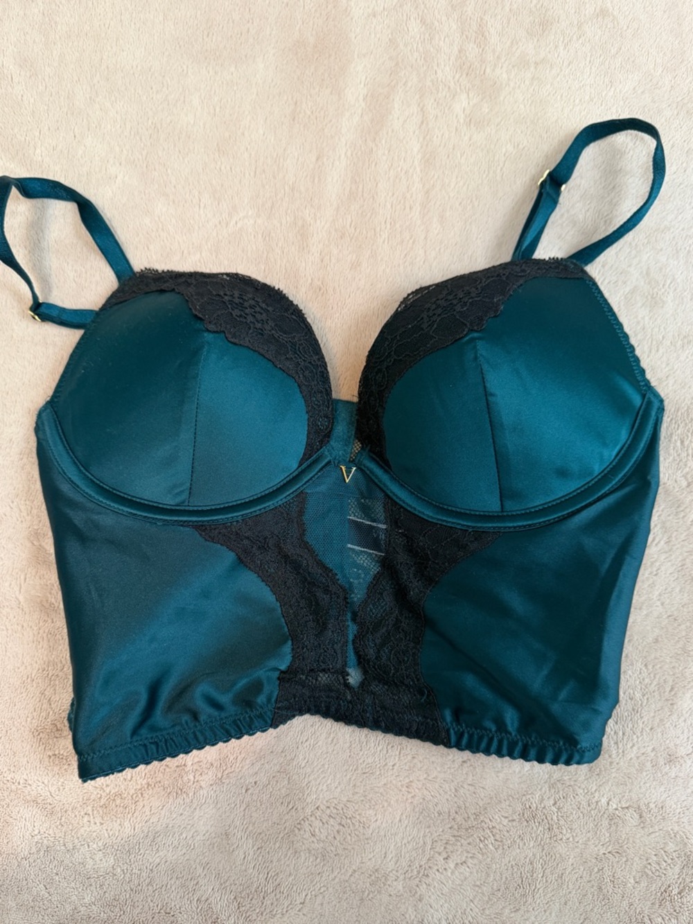 Victoria's Secret Teal Satin Longline Bra with Black Lace